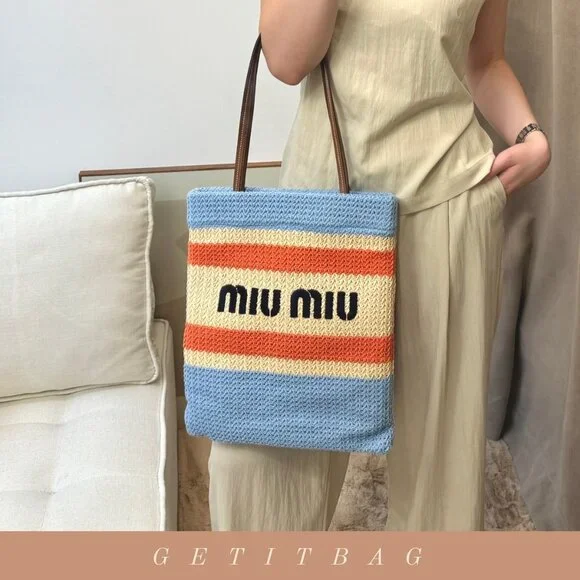 MIU MIU LIght Blue Beige Orange Raffia-Effect Embroidery Vertical Woven Tote Bag - Picture 3 of 9